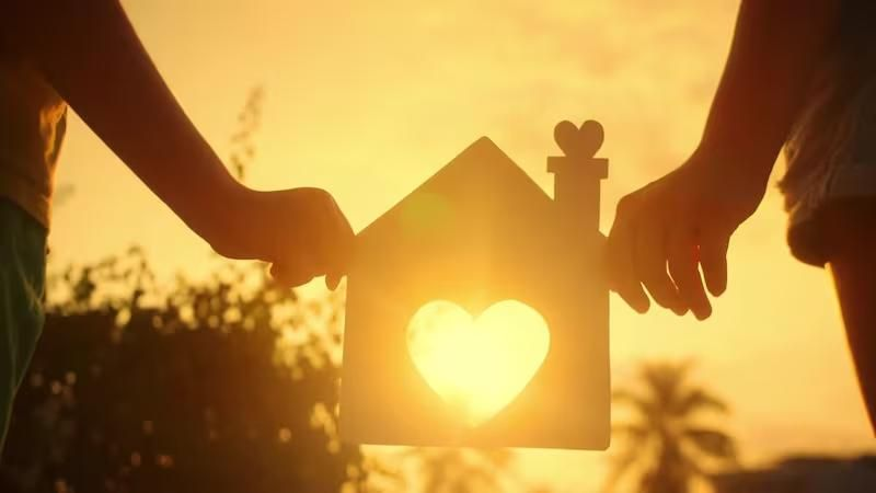 Família representada por mãos unidas segurando uma casa ao pôr do sol